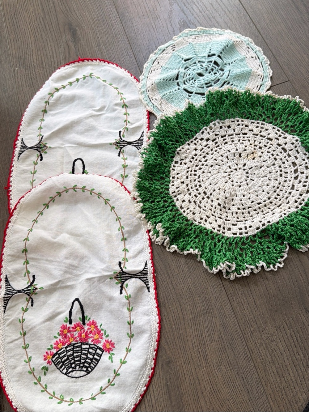 Handmade White & Green Crochet Doilies and Embroidered Doilies - Vintage